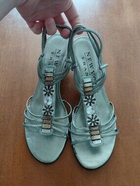 New York Transit Silver Y2K T-Strap Wedge Heel Sandals With Embellishments